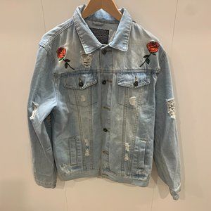 BROOKLYN Cloth Co. Lightwash Distressed Denim Jacket Size L Roses & Dragons